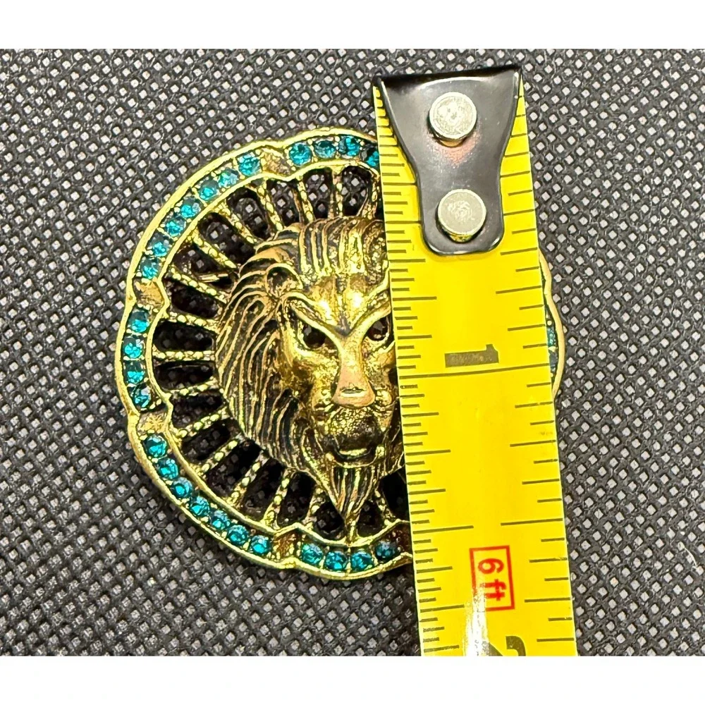 Gold Tone Lion Head Brooch Turquoise Rhinestone Sunburst Statement Pin Vintage